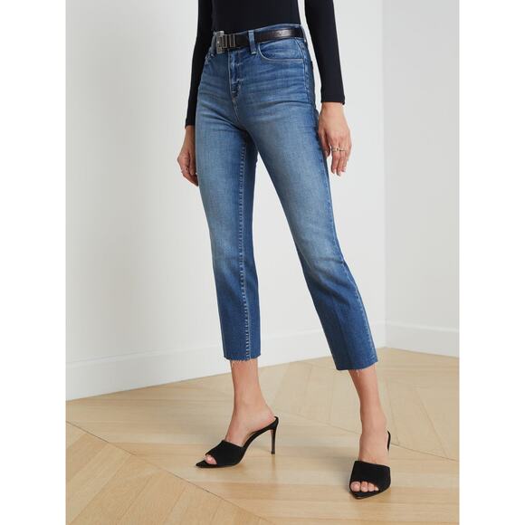 L’Agence Sada Slim Leg Cropped High Rise Raw Hem Denim Blue Jeans Size 24 - Picture 1 of 11